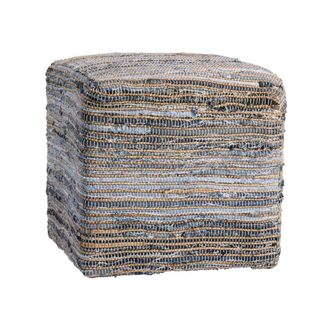 Denim Pouf in blue and tan made of jute and wool