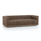 Parker 95" brown leather sofa nail heads wood base