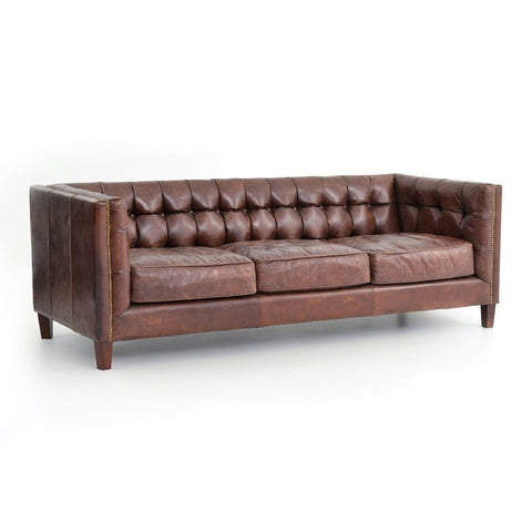 Hatfield cigar brown leather brass nailheads sofa