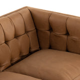 Hatfield sandy camel leather brass nailheads sofa modern design angled view