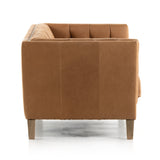 Hatfield sandy camel leather brass nailheads sofa modern design side view