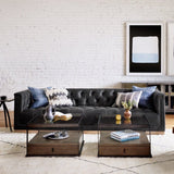 parker 95" black distressed leather tufted sofa room view
