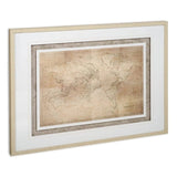 Double World Map tan white paper print brown wood frame